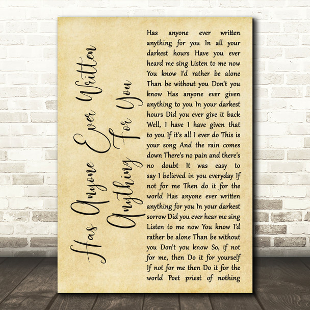 Stevie Nicks Has Anyone Ever Written Anything For You Rustic Script Wall Art Gift Song Lyric Print