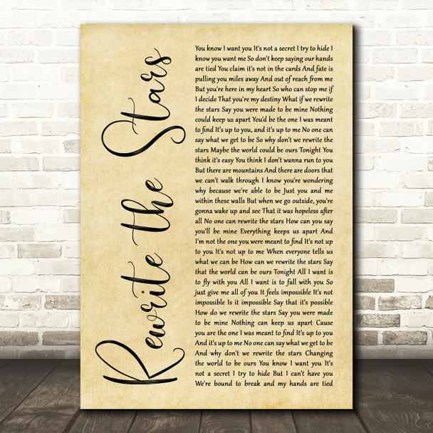 Zac Efron, Zendaya - GREATEST SHOWMAN Rewrite the Stars Rustic Script Wall Art Song Lyric Print