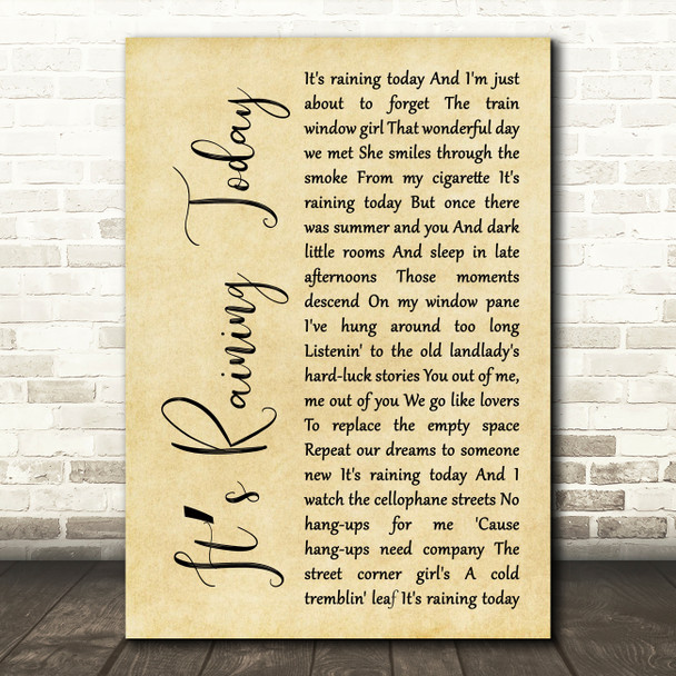 Scott Walker Its Raining Today Rustic Script Decorative Wall Art Gift Song Lyric Print