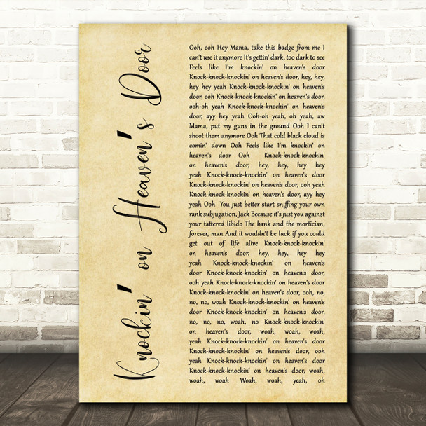 Guns N Roses Knockin on Heavens Door Rustic Script Decorative Gift Song Lyric Print