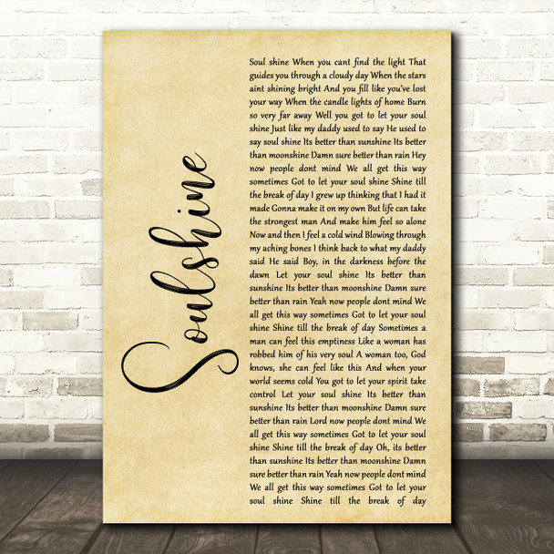 Allman Brothers Band Soulshine Rustic Script Decorative Wall Art Gift Song Lyric Print