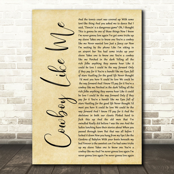 Taylor Swift Cowboy Like Me Rustic Script Decorative Wall Art Gift Song Lyric Print