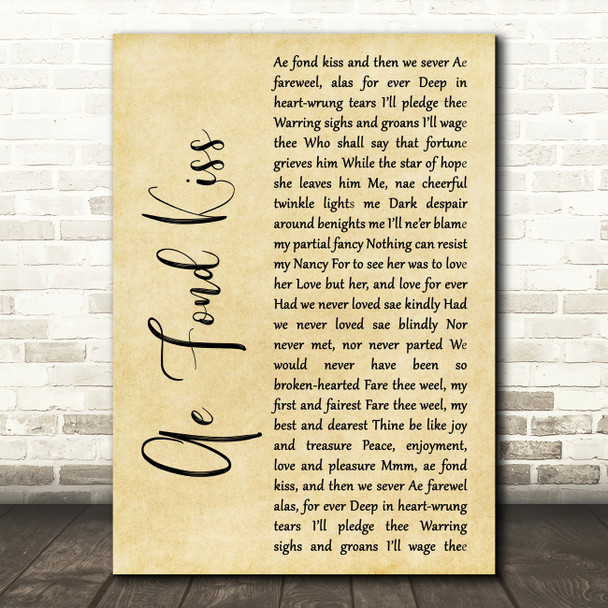 Eddie Reader Ae Fond Kiss Rustic Script Decorative Wall Art Gift Song Lyric Print