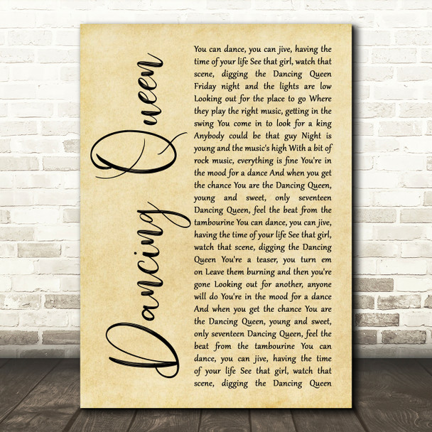 ABBA Dancing Queen Rustic Script Decorative Wall Art Gift Song Lyric Print