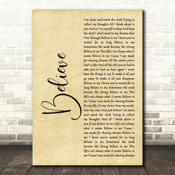 Staind Believe Rustic Script Decorative Wall Art Gift Song Lyric Print