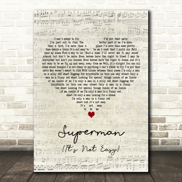 Five For Fighting Superman (It's Not Easy) Script Heart Decorative Wall Art Gift Song Lyric Print