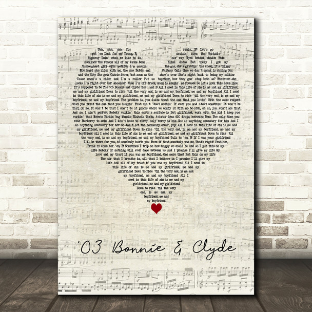 JAY-Z Featuring BeyoncÃ© 03 Bonnie & Clyde Script Heart Decorative Wall Art Gift Song Lyric Print