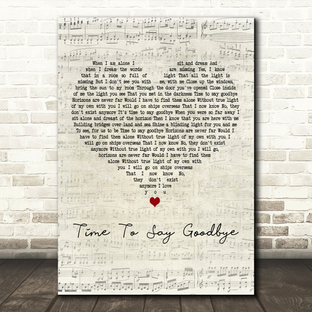 Sarah Brightman feat. Andrea Bocelli Time To Say Goodbye Script Heart Wall Art Song Lyric Print