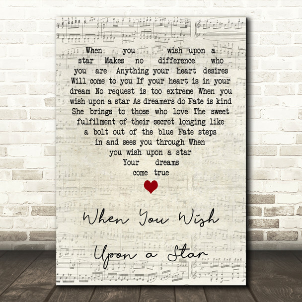 Cliff Edwards When You Wish Upon a Star Script Heart Decorative Wall Art Gift Song Lyric Print