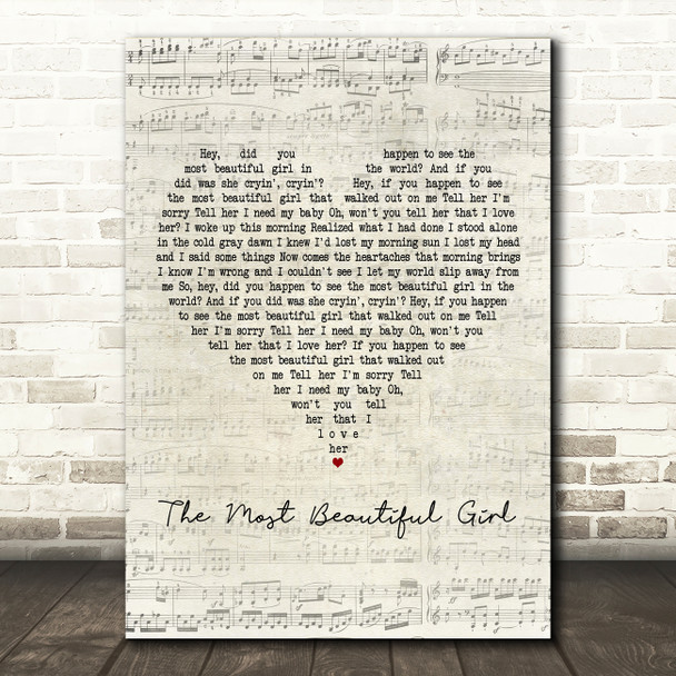 Charlie Rich The Most Beautiful Girl Script Heart Decorative Wall Art Gift Song Lyric Print