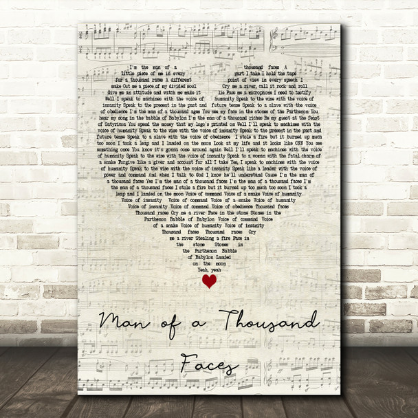 Marillion Man of a Thousand Faces Script Heart Decorative Wall Art Gift Song Lyric Print