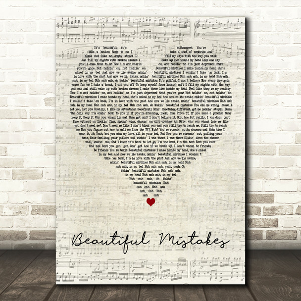 Maroon 5 & Megan Thee Stallion Beautiful Mistakes Script Heart Wall Art Song Lyric Print