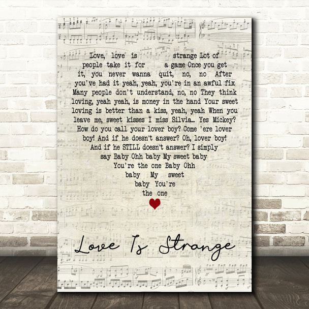 Mickey & Sylvia Love Is Strange Script Heart Decorative Wall Art Gift Song Lyric Print