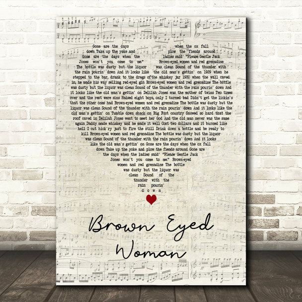 Grateful Dead Brown Eyed Woman Script Heart Decorative Wall Art Gift Song Lyric Print