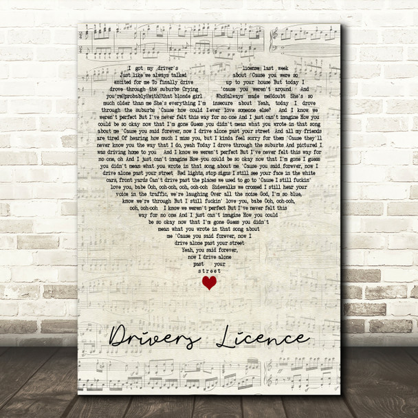 Olivia Rodrigo drivers licence Script Heart Decorative Wall Art Gift Song Lyric Print