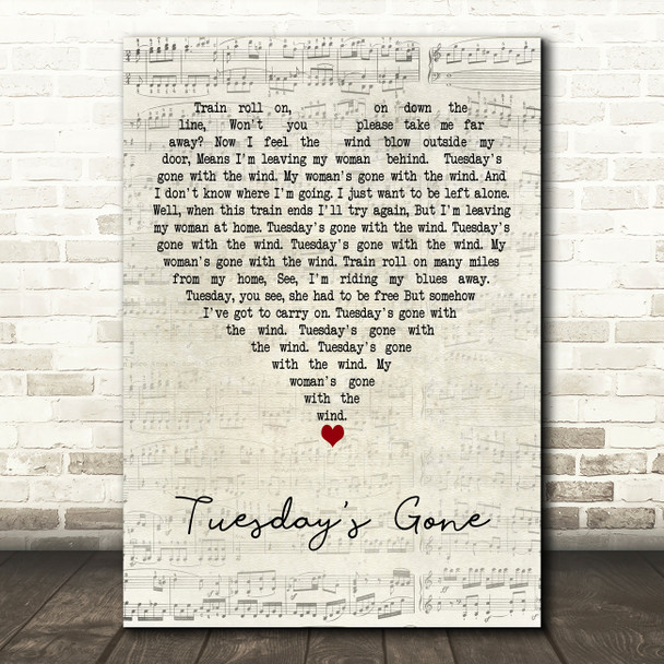 Lynyrd Skynyrd Tuesday's Gone Script Heart Decorative Wall Art Gift Song Lyric Print