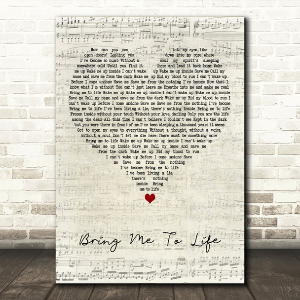 Evanescence Bring Me To Life Script Heart Decorative Wall Art Gift Song Lyric Print