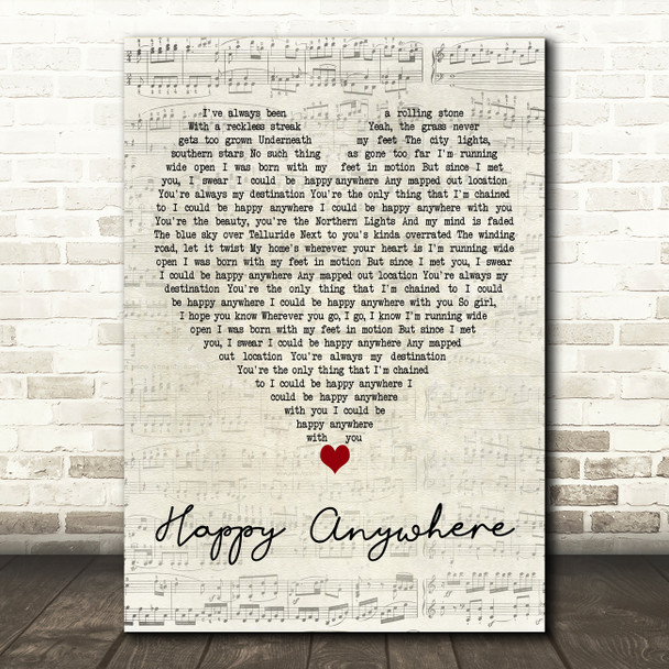 Blake Shelton Happy Anywhere Script Heart Decorative Wall Art Gift Song Lyric Print