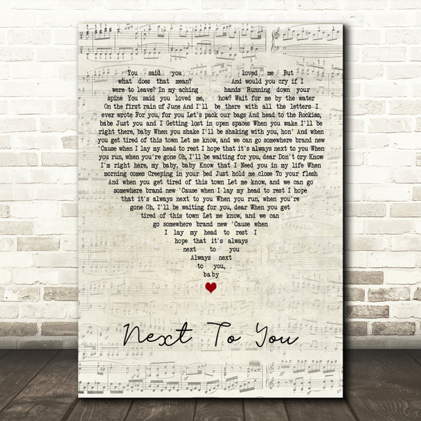 John Vincent III Next To You Script Heart Decorative Wall Art Gift Song Lyric Print