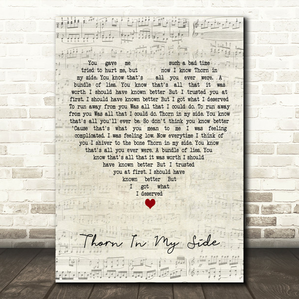 Eurythmics Thorn In My Side Script Heart Decorative Wall Art Gift Song Lyric Print