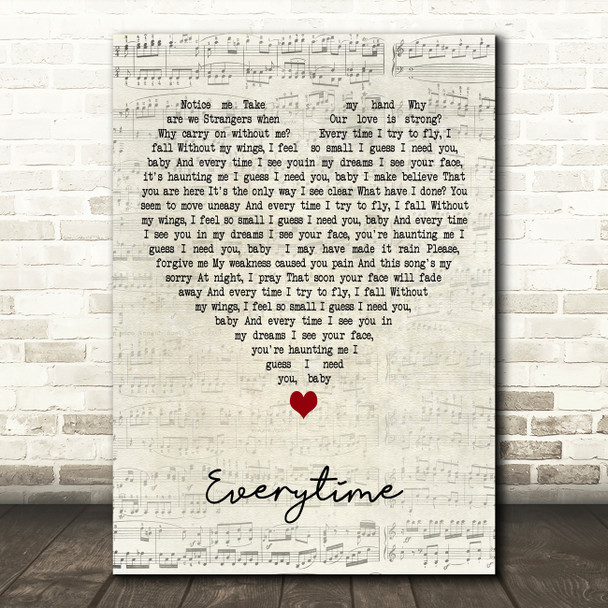 Britney Spears Everytime Script Heart Decorative Wall Art Gift Song Lyric Print