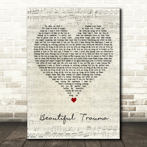 Pink Beautiful Trauma Script Heart Decorative Wall Art Gift Song Lyric Print