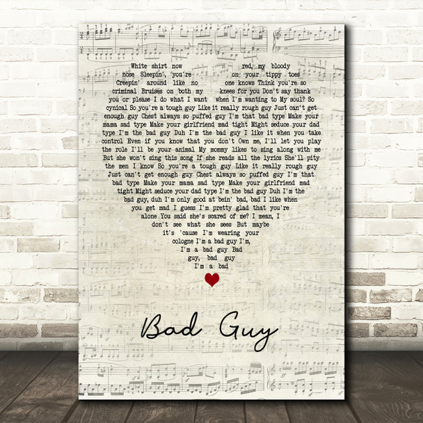 Billie Eilish Bad Guy Script Heart Decorative Wall Art Gift Song Lyric Print