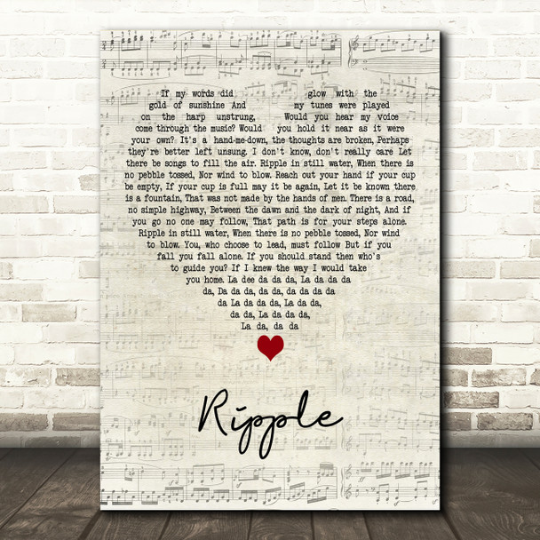 Grateful Dead Ripple Script Heart Decorative Wall Art Gift Song Lyric Print