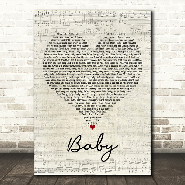 Justin Bieber Baby Script Heart Decorative Wall Art Gift Song Lyric Print