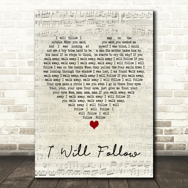 U2 I Will Follow Script Heart Decorative Wall Art Gift Song Lyric Print