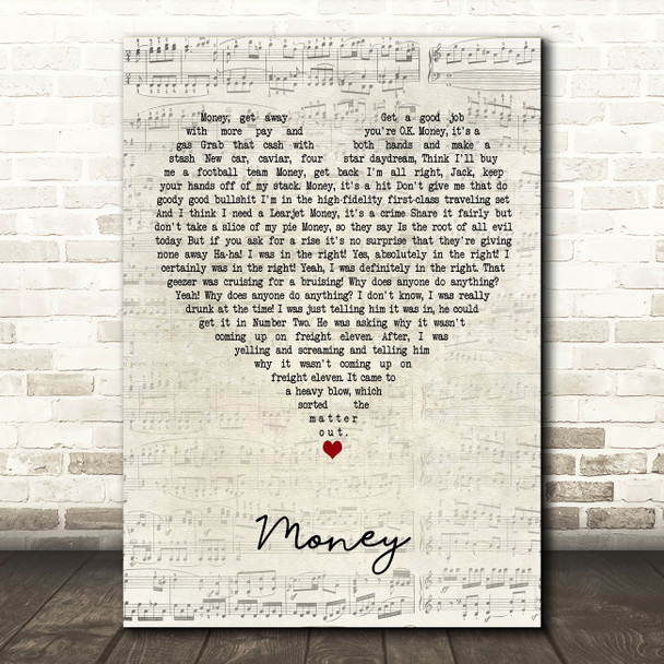 Pink Floyd Money Script Heart Decorative Wall Art Gift Song Lyric Print
