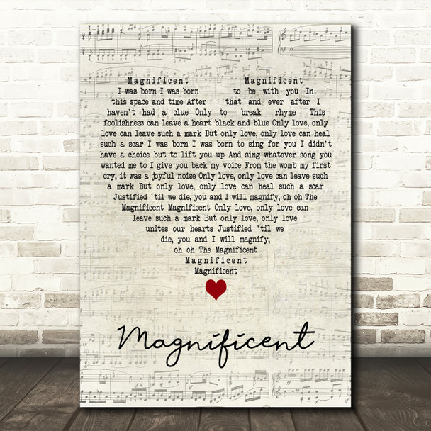 U2 Magnificent Script Heart Decorative Wall Art Gift Song Lyric Print