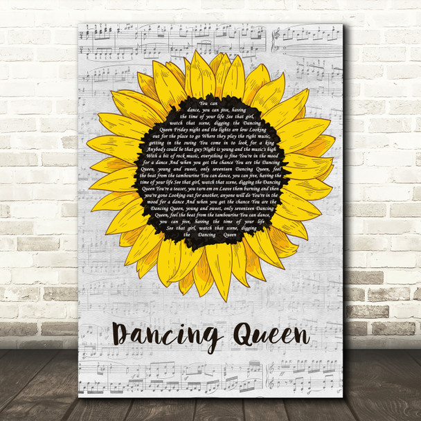 ABBA Dancing Queen Grey Script Sunflower Decorative Wall Art Gift Song Lyric Print