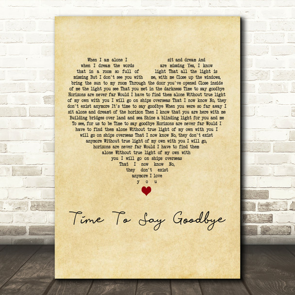 Sarah Brightman feat. Andrea Bocelli Time To Say Goodbye Vintage Heart Wall Art Song Lyric Print