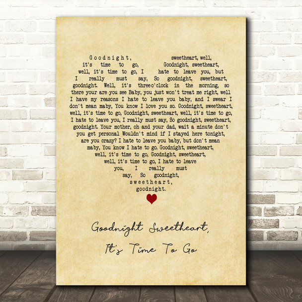 The Platters Goodnight Sweetheart, It's Time To Go Vintage Heart Wall Art Gift Song Lyric Print