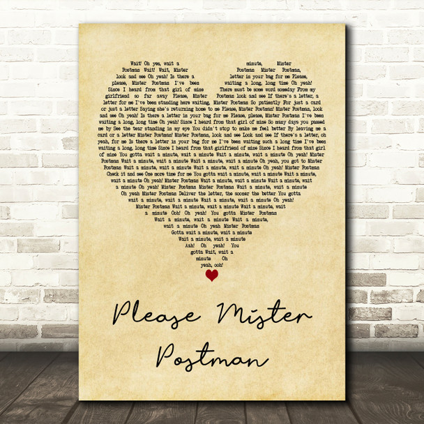 The Beatles Please Mister Postman Vintage Heart Decorative Wall Art Gift Song Lyric Print