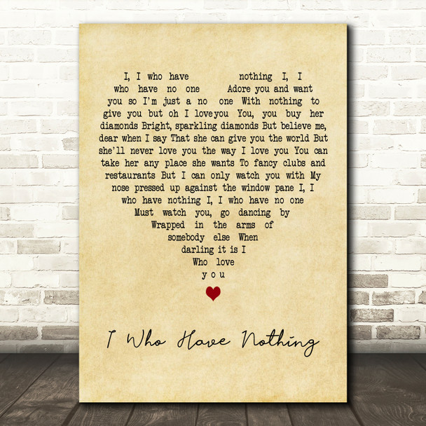 Shirley Bassey I Who Have Nothing Vintage Heart Decorative Wall Art Gift Song Lyric Print