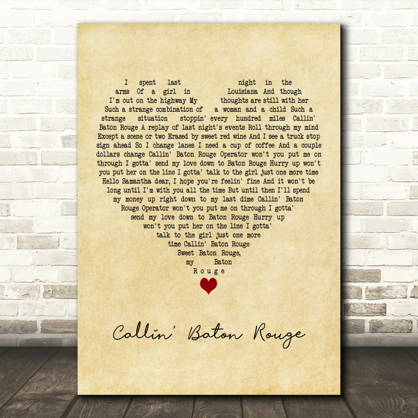 Garth Brooks Callin' Baton Rouge Vintage Heart Decorative Wall Art Gift Song Lyric Print