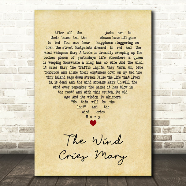 Jimi Hendrix The Wind Cries Mary Vintage Heart Decorative Wall Art Gift Song Lyric Print