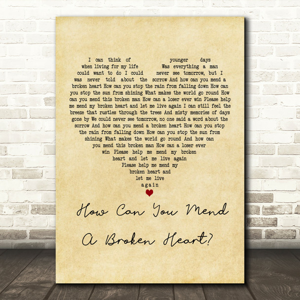 Bee Gees How Can You Mend A Broken Heart Vintage Heart Decorative Gift Song Lyric Print