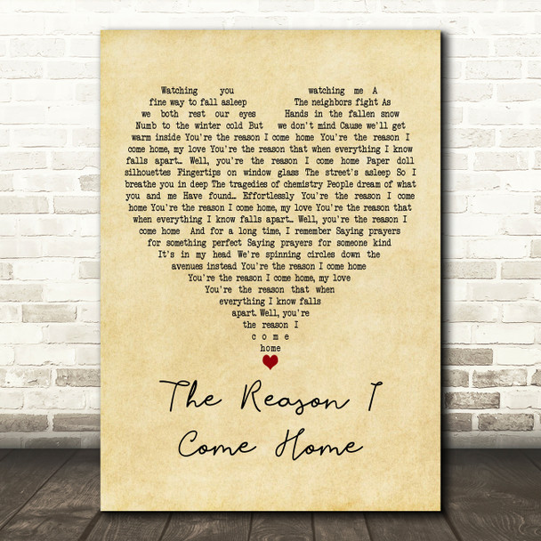 Ron Pope The Reason I Come Home Vintage Heart Decorative Wall Art Gift Song Lyric Print