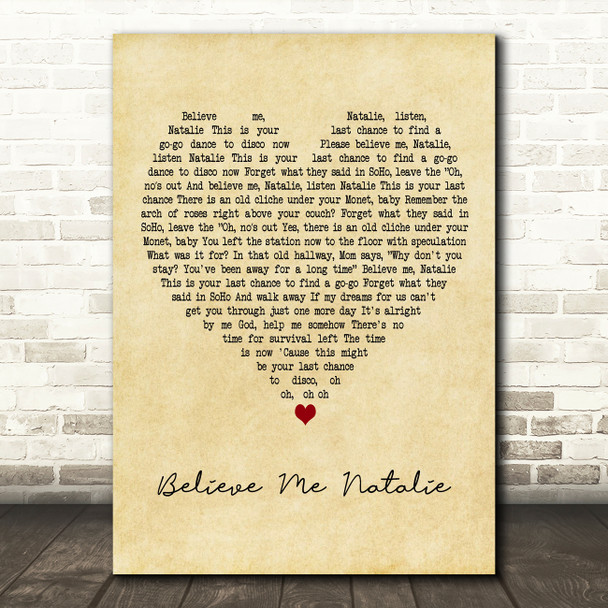 The Killers Believe Me Natalie Vintage Heart Decorative Wall Art Gift Song Lyric Print