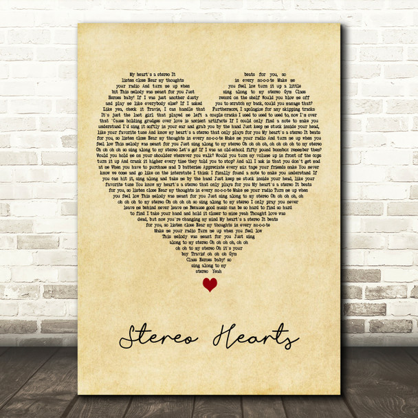 Gym Class Heroes Stereo Hearts Vintage Heart Decorative Wall Art Gift Song Lyric Print