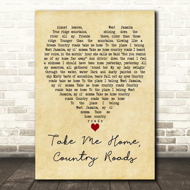 Toots And The Maytals Take Me Home, Country Roads Vintage Heart Gift Song Lyric Print