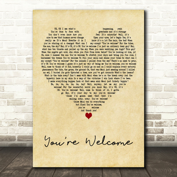 Disney's Moana You're Welcome Vintage Heart Decorative Wall Art Gift Song Lyric Print