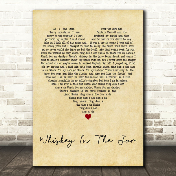 Metallica Whiskey In The Jar Vintage Heart Decorative Wall Art Gift Song Lyric Print