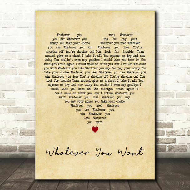Status Quo Whatever You Want Vintage Heart Decorative Wall Art Gift Song Lyric Print