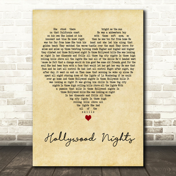 Bob Seger Hollywood Nights Vintage Heart Decorative Wall Art Gift Song Lyric Print