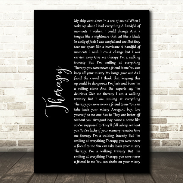 All Time Low Therapy Black Script Song Lyric Quote Print