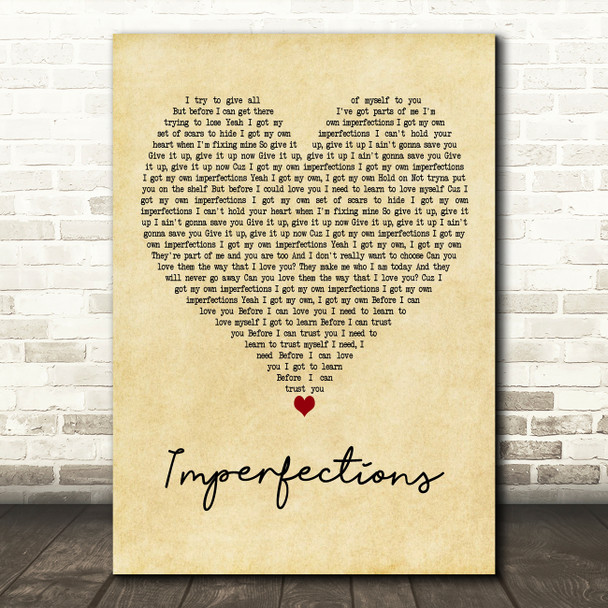 Celine Dion Imperfections Vintage Heart Decorative Wall Art Gift Song Lyric Print